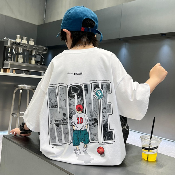 Tricou de vară pentru băieți, mâneci scurte, pentru copii mari, material ușor, imprimeu cu desene animate și litere