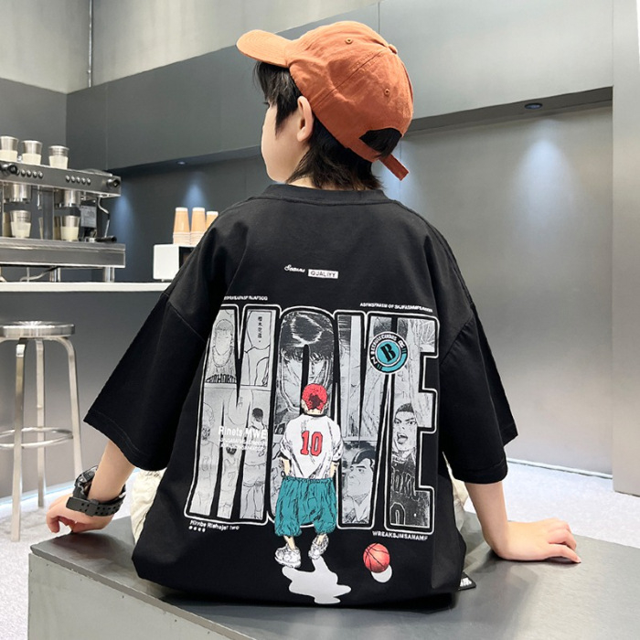 Tricou de vară pentru băieți, mâneci scurte, pentru copii mari, material ușor, imprimeu cu desene animate și litere