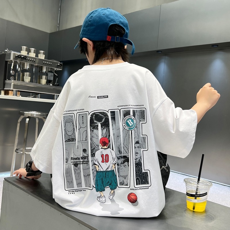 Tricou de vară pentru băieți, mâneci scurte, pentru copii mari, material ușor, imprimeu cu desene animate și litere