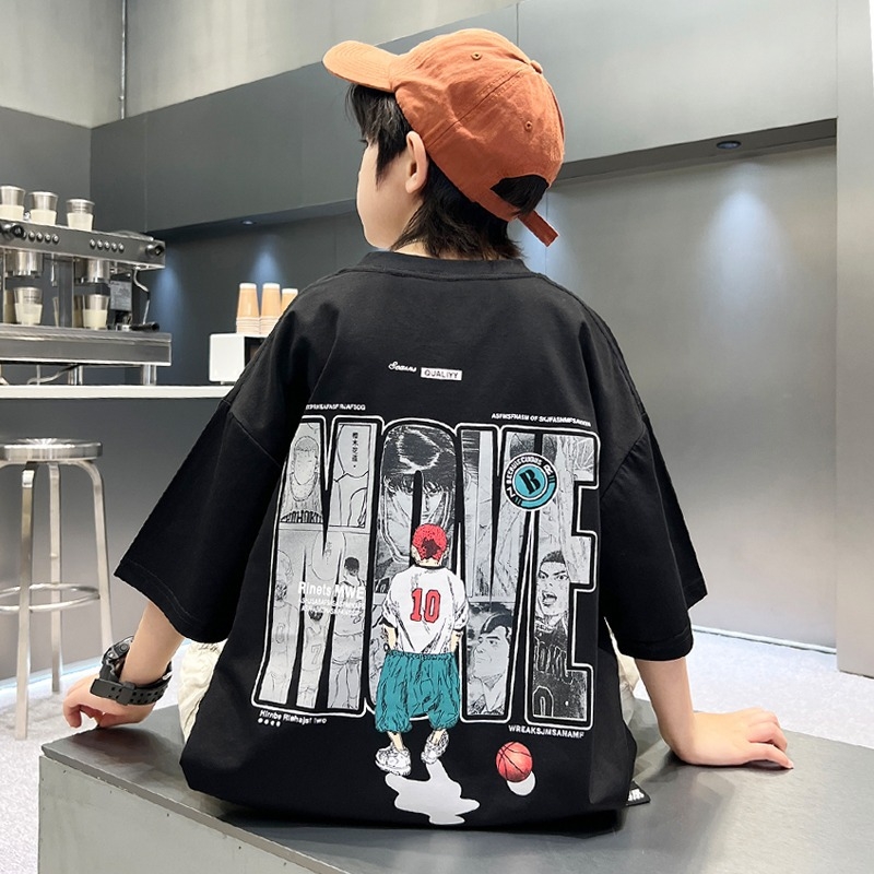 Tricou de vară pentru băieți, mâneci scurte, pentru copii mari, material ușor, imprimeu cu desene animate și litere