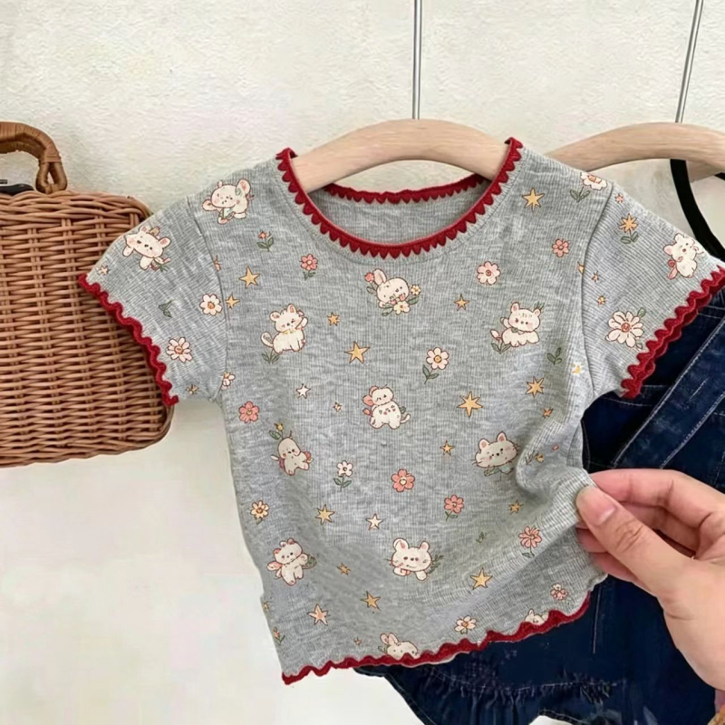 Tricou pentru copii cu imprimeu pisică drăguță, mâneci scurte, vară, stil modern și confortabil