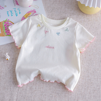 Tricou pentru fetițe cu mâneci scurte, vară, broderie cu funda și dantelă – top de bază versatil