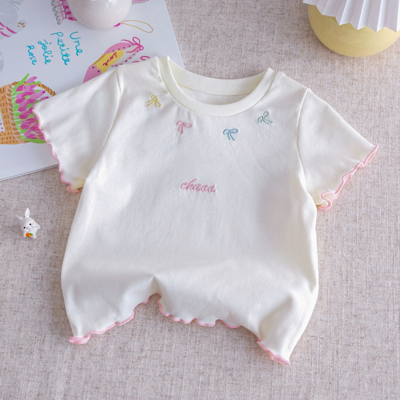 Tricou pentru fetițe cu mâneci scurte, vară, broderie cu funda și dantelă – top de bază versatil