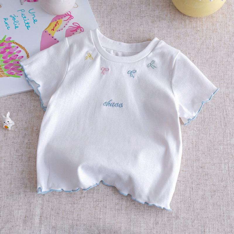 Tricou pentru fetițe cu mâneci scurte, vară, broderie cu funda și dantelă – top de bază versatil