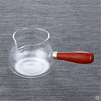 Set de ceai din sticlă cu ceșcuță de distribuție, mâner din lemn și mâner lateral, mărime universală, accesorii Gongfu ceai, rezistent la temperaturi înalte, separare ceai-apă