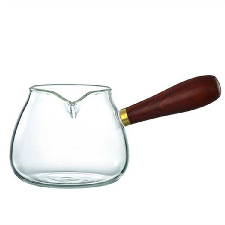 Set de ceai din sticlă cu ceșcuță de distribuție, mâner din lemn și mâner lateral, mărime universală, accesorii Gongfu ceai, rezistent la temperaturi înalte, separare ceai-apă