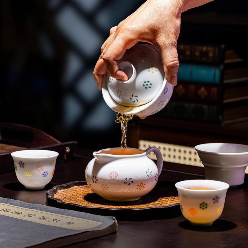 Set gaiwan din ceramic cu model floral colorat, pentru 6 persoane, uz casnic, cutie cadou, stil modern minimalist