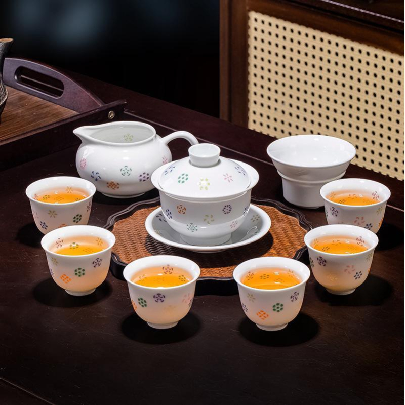 Set gaiwan din ceramic cu model floral colorat, pentru 6 persoane, uz casnic, cutie cadou, stil modern minimalist