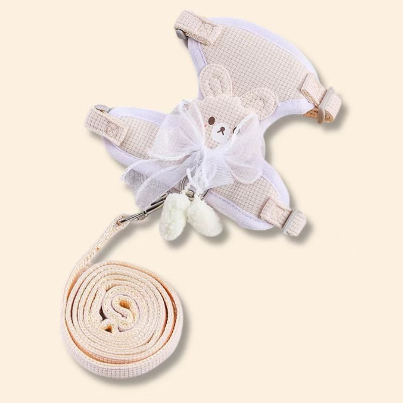 Lesă reglabilă pentru animale de companie, în stil vestă, pentru câini și pisici, cu plasă 3D, funda și pompon