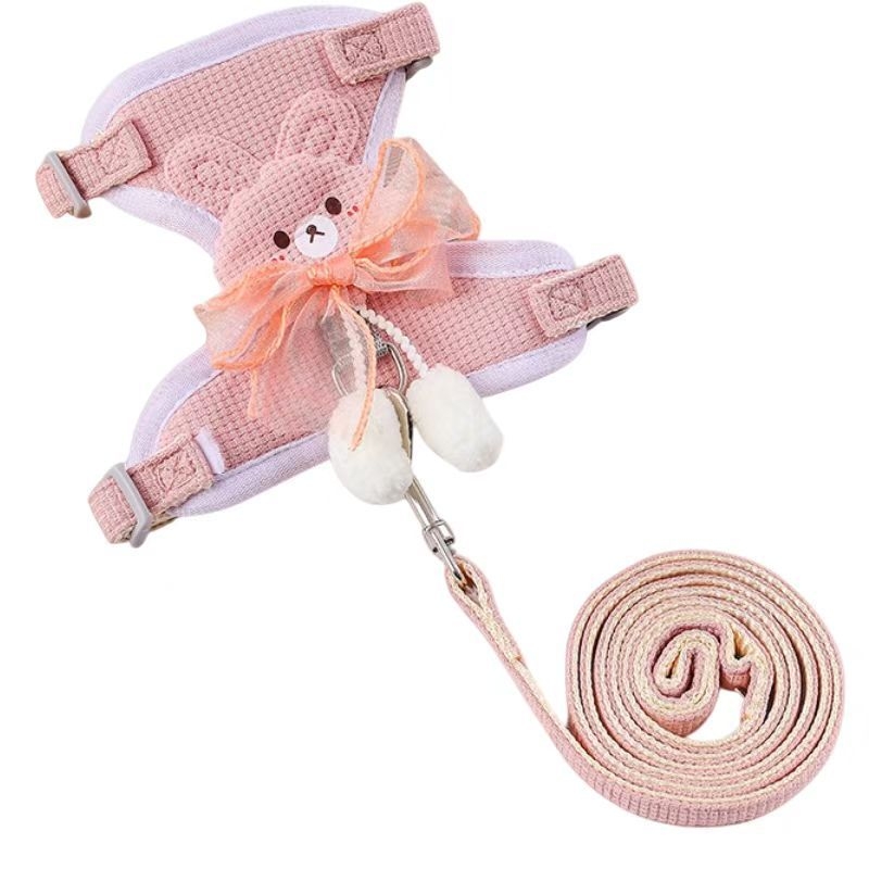 Lesă reglabilă pentru animale de companie, în stil vestă, pentru câini și pisici, cu plasă 3D, funda și pompon