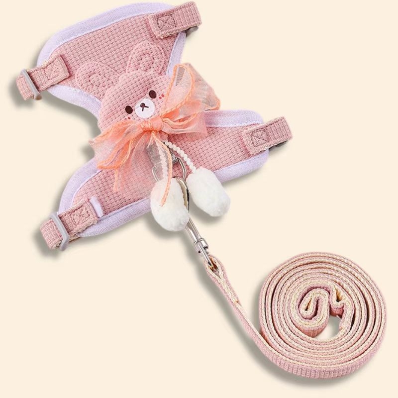 Lesă reglabilă pentru animale de companie, în stil vestă, pentru câini și pisici, cu plasă 3D, funda și pompon
