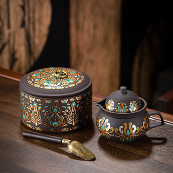 Set ceai Dunhuang Phoenix Feather din lut mov, în cutie cadou