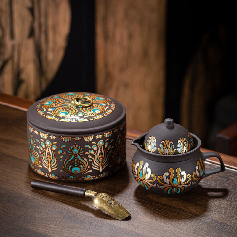 Set ceai Dunhuang Phoenix Feather din lut mov, în cutie cadou
