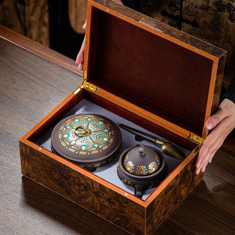 Set ceai Dunhuang Phoenix Feather din lut mov, în cutie cadou