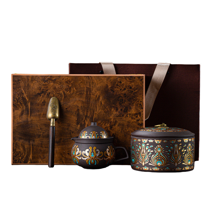 Set ceai Dunhuang Phoenix Feather din lut mov, în cutie cadou