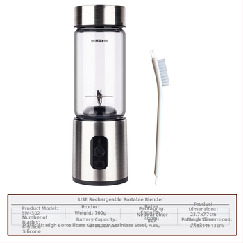 Storcător electric portabil pentru fructe și legume, cu 6 lame, sticlă borosilicată, capacitate 400 ml, baterie încorporată