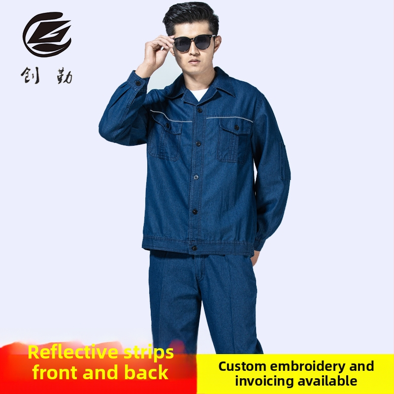 Uniformă de lucru din denim cu benzi reflectorizante pentru sudori, bărbați, mâneci lungi, îmbrăcăminte de protecție, personalizabil