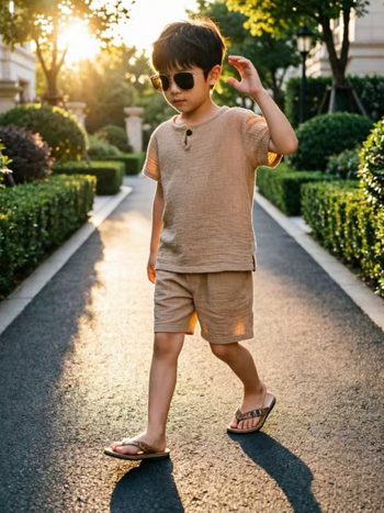 Costum pentru copii cu mânecă scurtă, vară, din bumbac-lin respirabil, stil coreean casual