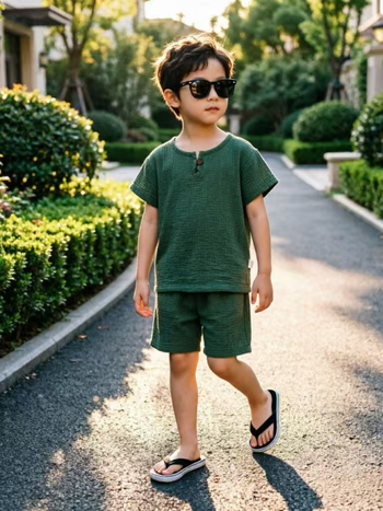 Costum pentru copii cu mânecă scurtă, vară, din bumbac-lin respirabil, stil coreean casual