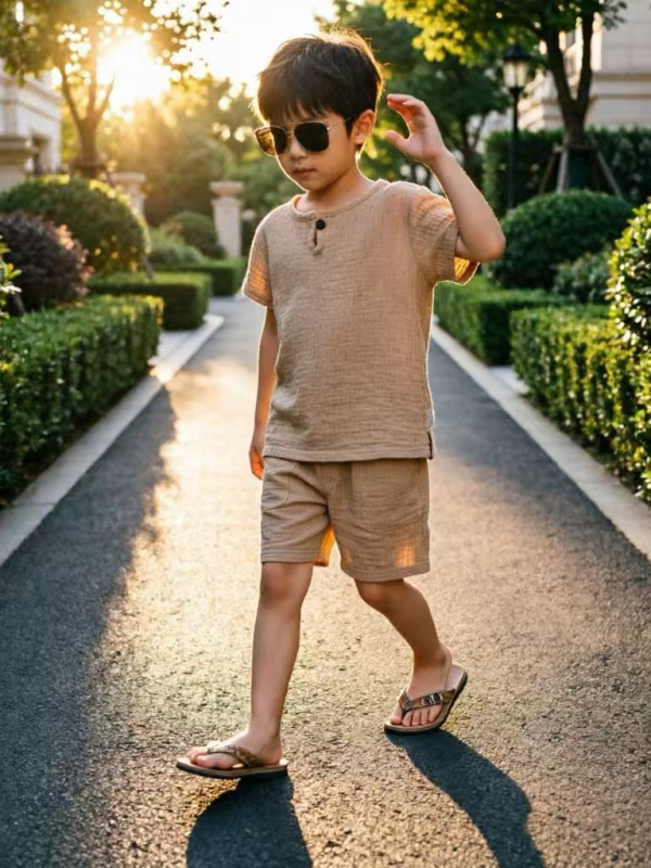 Costum pentru copii cu mânecă scurtă, vară, din bumbac-lin respirabil, stil coreean casual