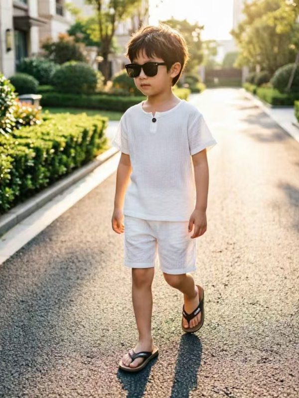 Costum pentru copii cu mânecă scurtă, vară, din bumbac-lin respirabil, stil coreean casual