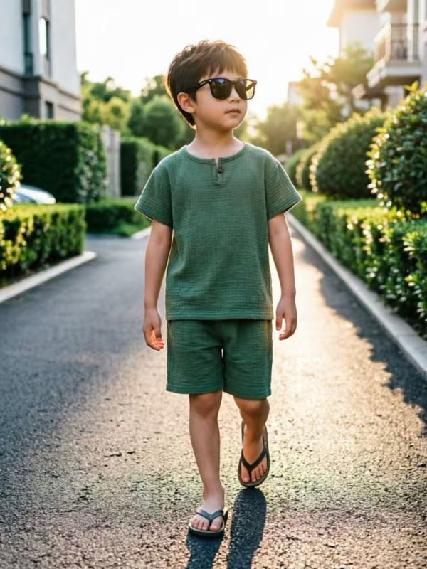 Costum pentru copii cu mânecă scurtă, vară, din bumbac-lin respirabil, stil coreean casual