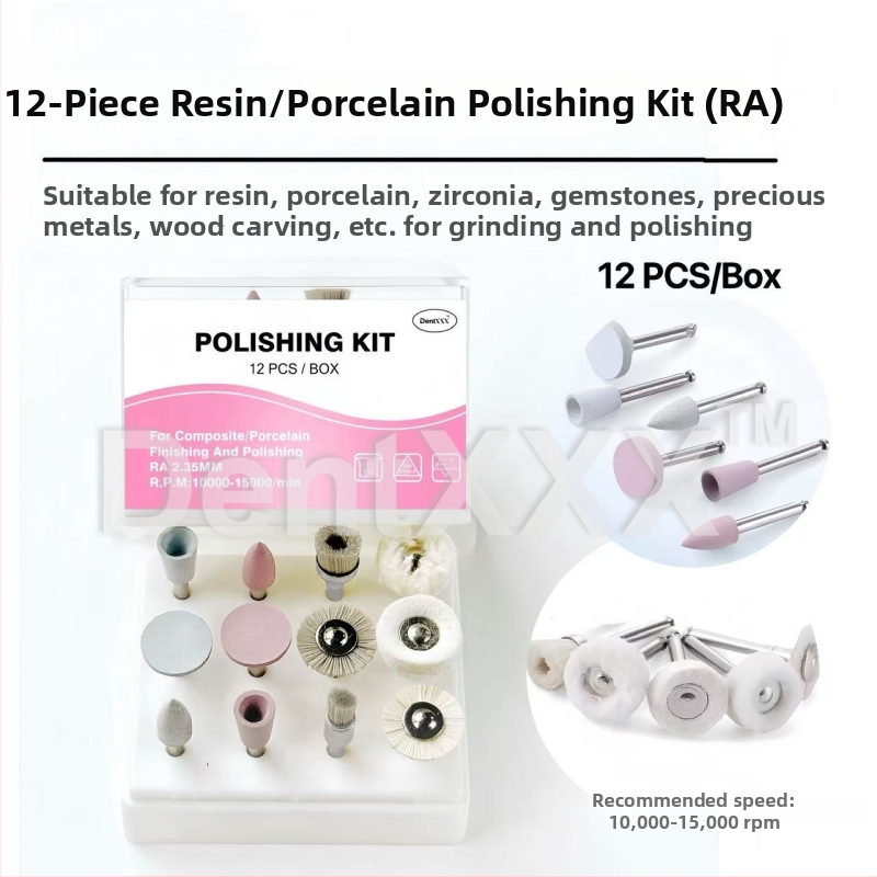 Set de 12 piese pentru șlefuire și polizare, cu mâner de viteză redusă, din rășină, porțelan, zirconiu și metal