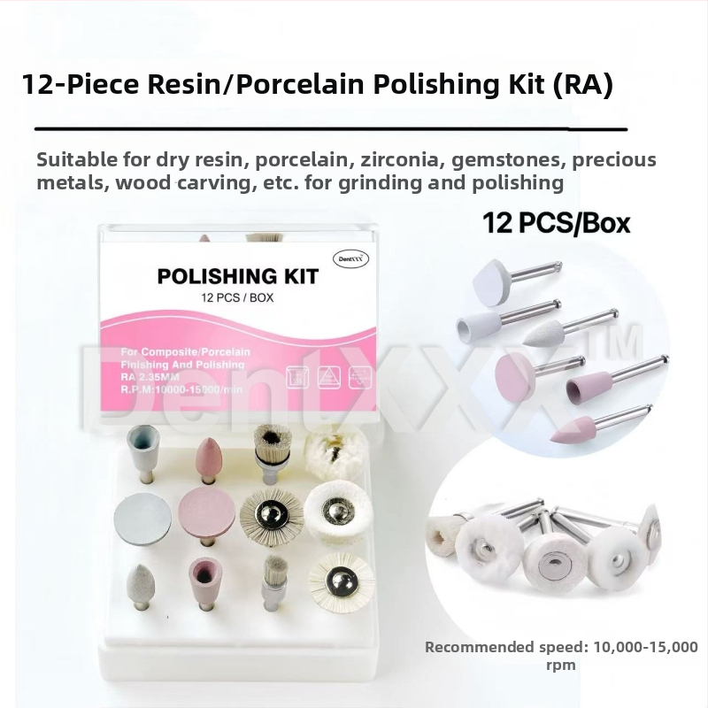 Set de 12 piese pentru șlefuire și polizare, cu mâner de viteză redusă, din rășină, porțelan, zirconiu și metal