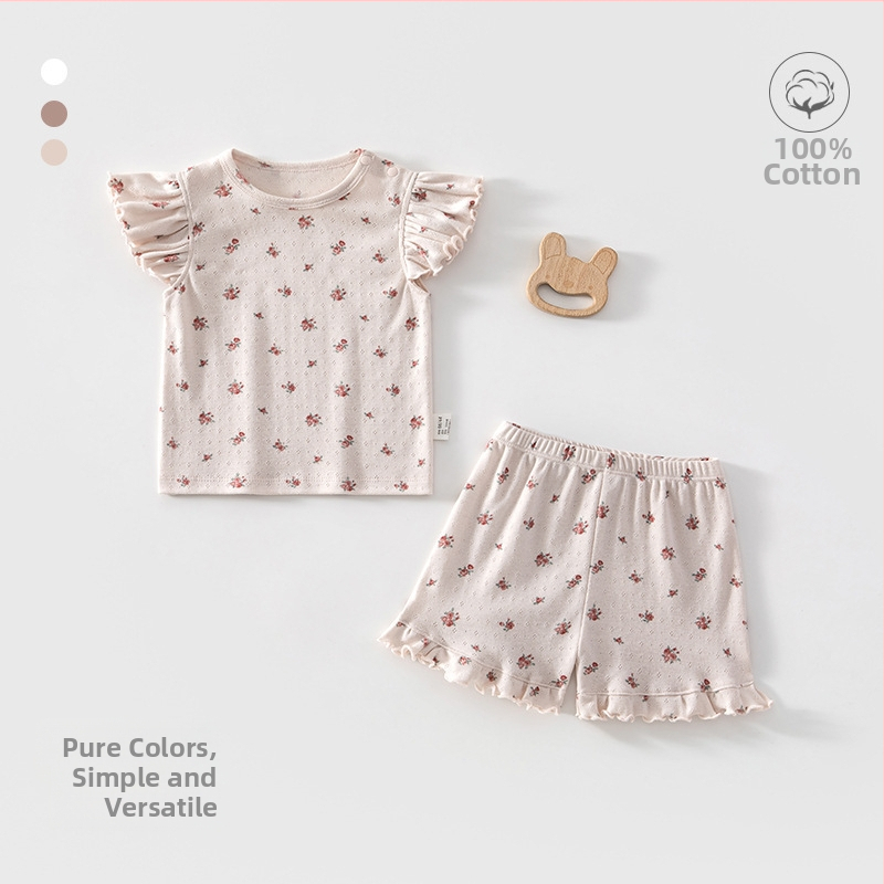 Set de pijama de vară pentru bebeluți, din 100% bumbac, imprimeu floral, mâneci flutter, două piese