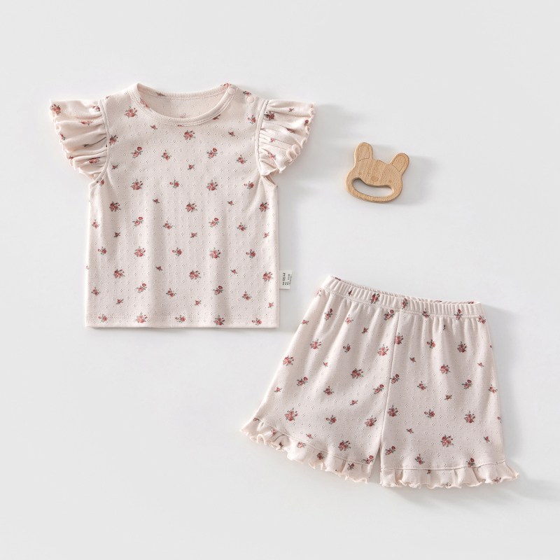 Set de pijama de vară pentru bebeluți, din 100% bumbac, imprimeu floral, mâneci flutter, două piese
