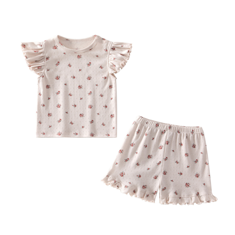 Set de pijama de vară pentru bebeluți, din 100% bumbac, imprimeu floral, mâneci flutter, două piese