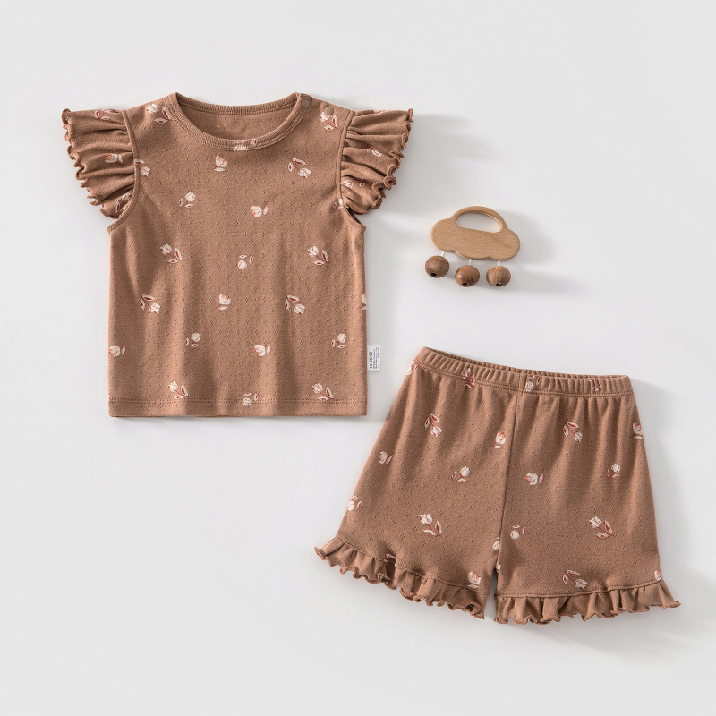 Set de pijama de vară pentru bebeluți, din 100% bumbac, imprimeu floral, mâneci flutter, două piese