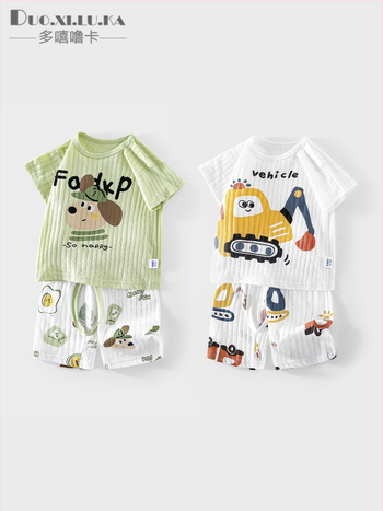 Set de vară pentru copii din bumbac 100%, ușor și răcoros pentru acasă, pentru băieți și fete, tricou cu mânecă scurtă imprimat cu desene animate și pantaloni scurți, două piese