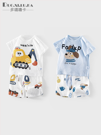 Set de vară pentru copii din bumbac 100%, ușor și răcoros pentru acasă, pentru băieți și fete, tricou cu mânecă scurtă imprimat cu desene animate și pantaloni scurți, două piese