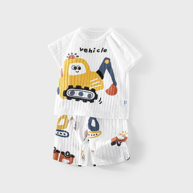 Set de vară pentru copii din bumbac 100%, ușor și răcoros pentru acasă, pentru băieți și fete, tricou cu mânecă scurtă imprimat cu desene animate și pantaloni scurți, două piese