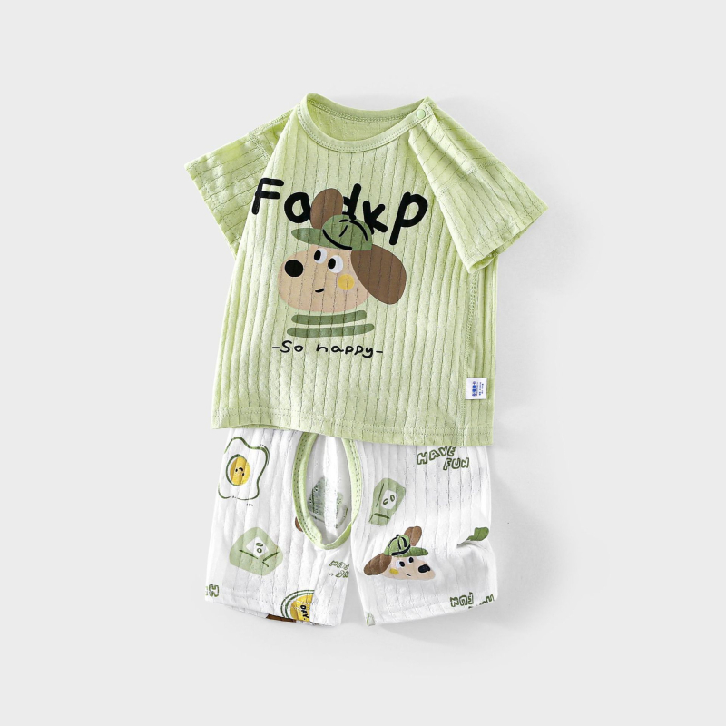 Set de vară pentru copii din bumbac 100%, ușor și răcoros pentru acasă, pentru băieți și fete, tricou cu mânecă scurtă imprimat cu desene animate și pantaloni scurți, două piese