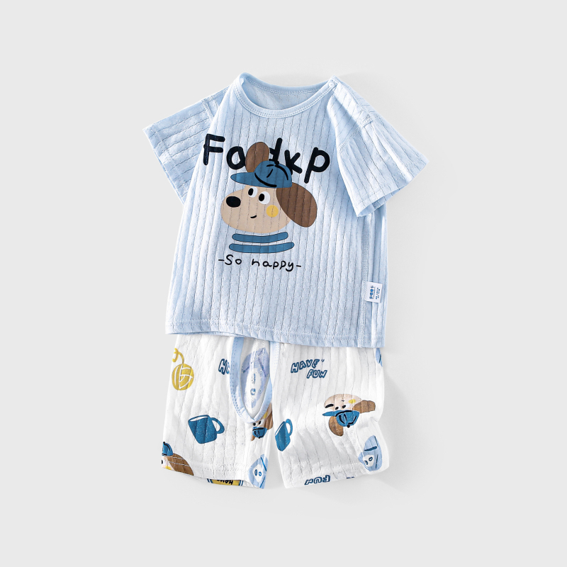 Set de vară pentru copii din bumbac 100%, ușor și răcoros pentru acasă, pentru băieți și fete, tricou cu mânecă scurtă imprimat cu desene animate și pantaloni scurți, două piese