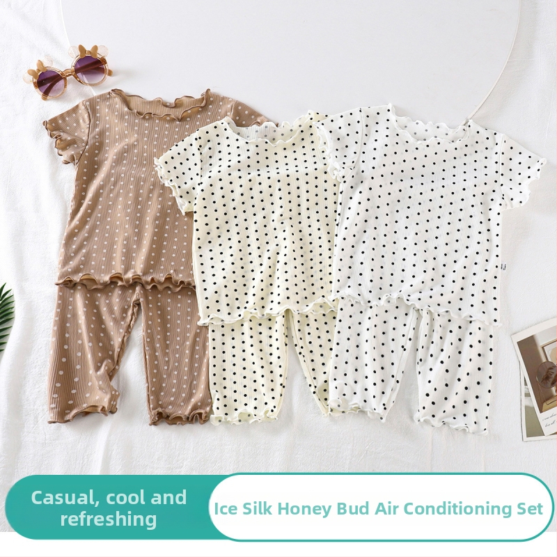 Set de pijama copii ușor, vară, cu mâneci scurte, unisex, două piese, material Ice Silk