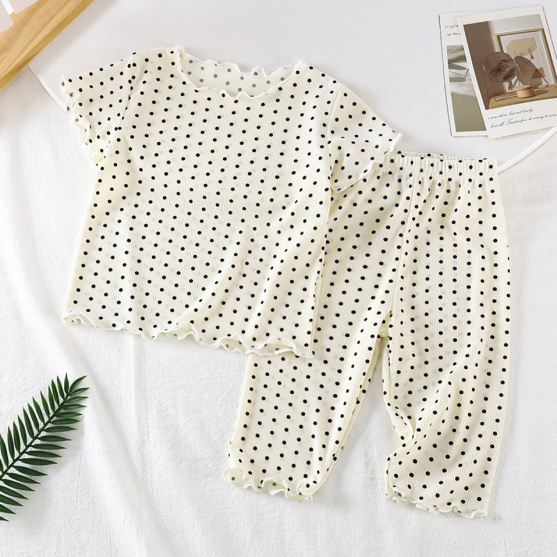 Set de pijama copii ușor, vară, cu mâneci scurte, unisex, două piese, material Ice Silk