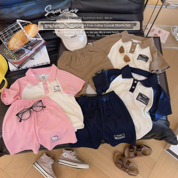 Set polo pentru copii, două piese: tricou polo cu guler și șorturi, imprimat desen animat, vară