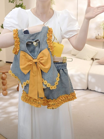 Set denim pentru fetițe vara: top fără mâneci și șorturi casual cu funda inimă