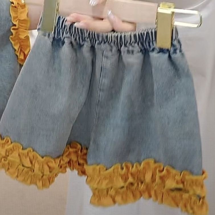 Set denim pentru fetițe vara: top fără mâneci și șorturi casual cu funda inimă