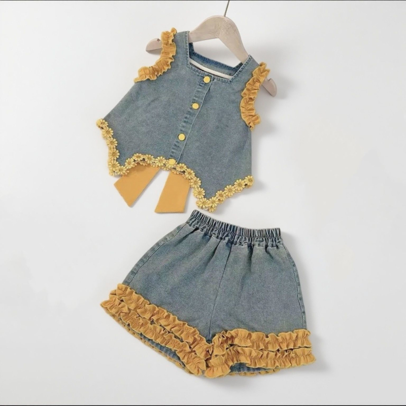 Set denim pentru fetițe vara: top fără mâneci și șorturi casual cu funda inimă