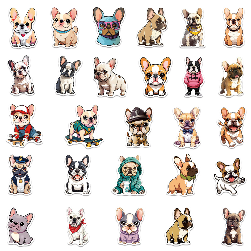 50 de autocolante cu bulldog francez, autocolante decorative impermeabile cu animale din desene animate, pentru jurnale și papetărie, pentru chitară și sticle de apă