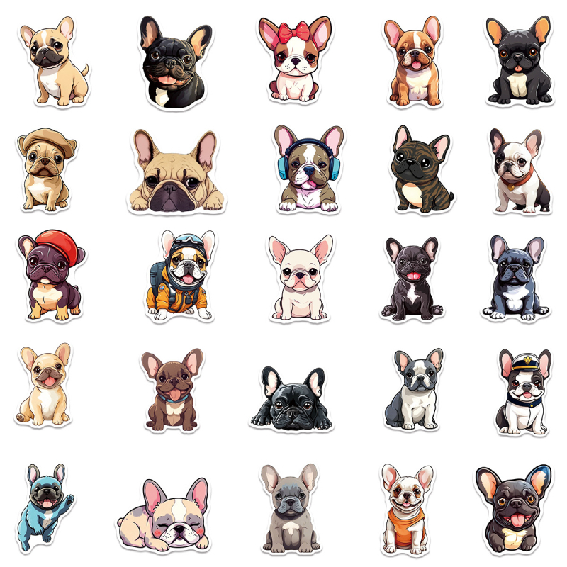 50 de autocolante cu bulldog francez, autocolante decorative impermeabile cu animale din desene animate, pentru jurnale și papetărie, pentru chitară și sticle de apă