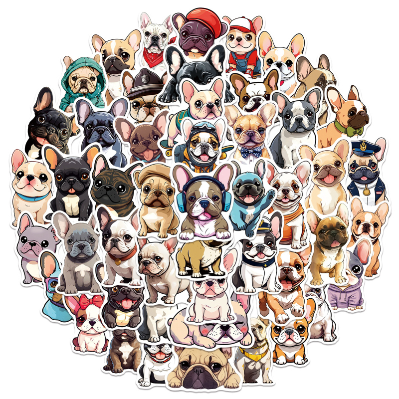 50 de autocolante cu bulldog francez, autocolante decorative impermeabile cu animale din desene animate, pentru jurnale și papetărie, pentru chitară și sticle de apă