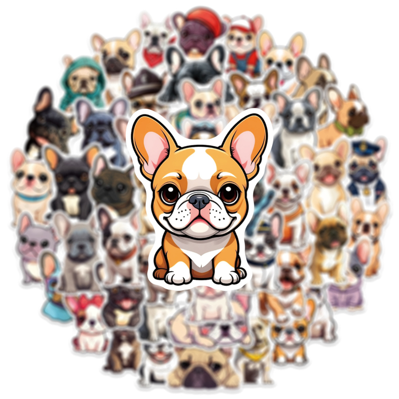 50 de autocolante cu bulldog francez, autocolante decorative impermeabile cu animale din desene animate, pentru jurnale și papetărie, pentru chitară și sticle de apă