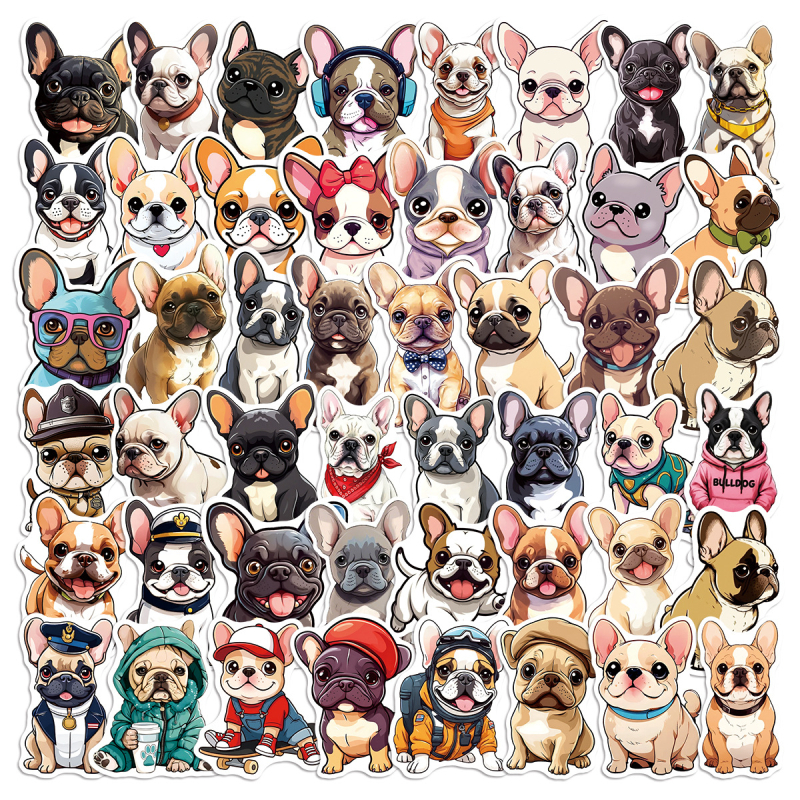 50 de autocolante cu bulldog francez, autocolante decorative impermeabile cu animale din desene animate, pentru jurnale și papetărie, pentru chitară și sticle de apă