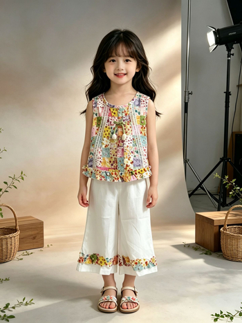 Set fetiță: top fără mâneci floral și pantaloni capri – vară 2026