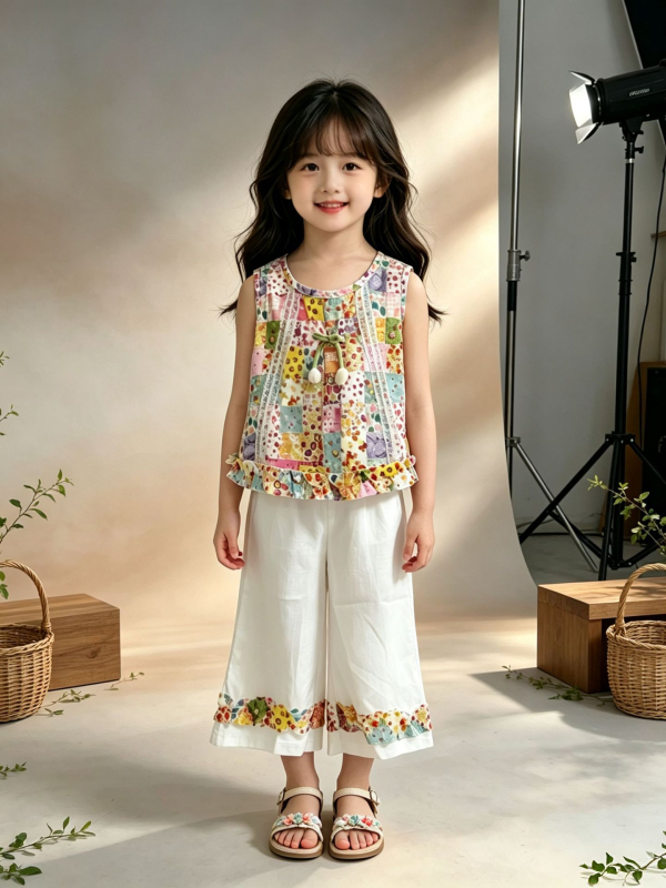 Set fetiță: top fără mâneci floral și pantaloni capri – vară 2026